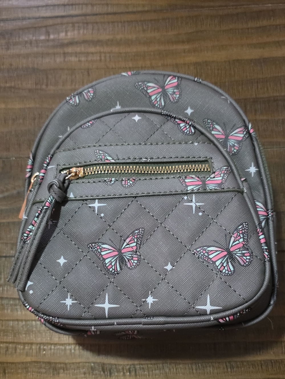 Compact Gray Butterfly Quilted Backpack